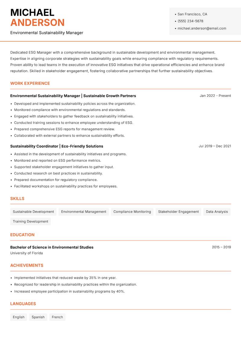 ESG Manager resume sample — Environmental Sustainability Manager focus