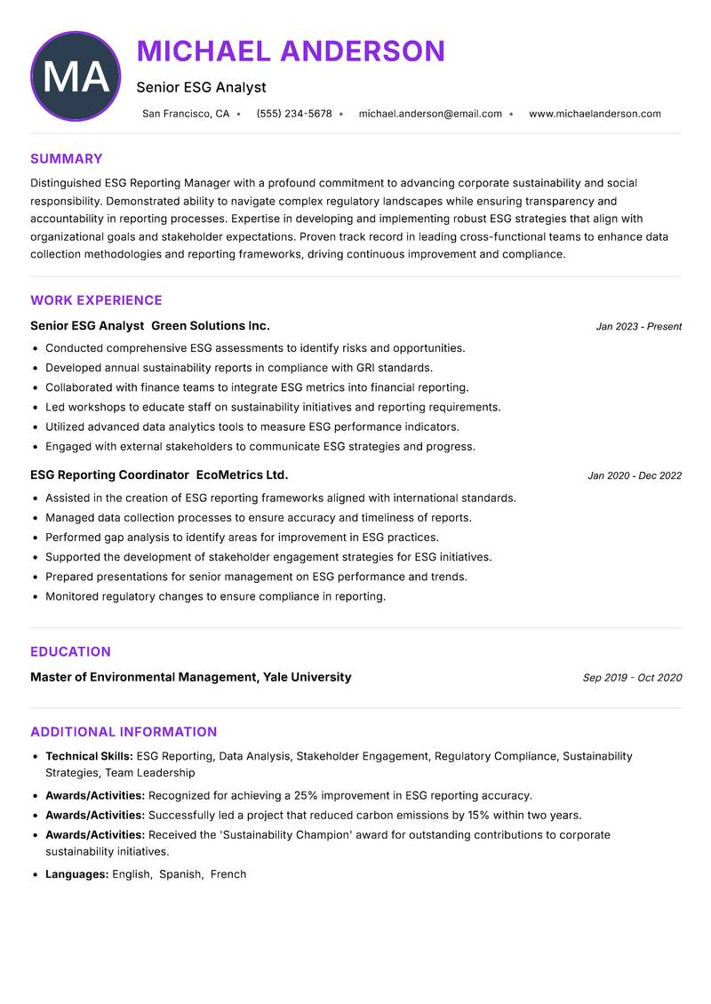 ESG Reporting Manager resume example