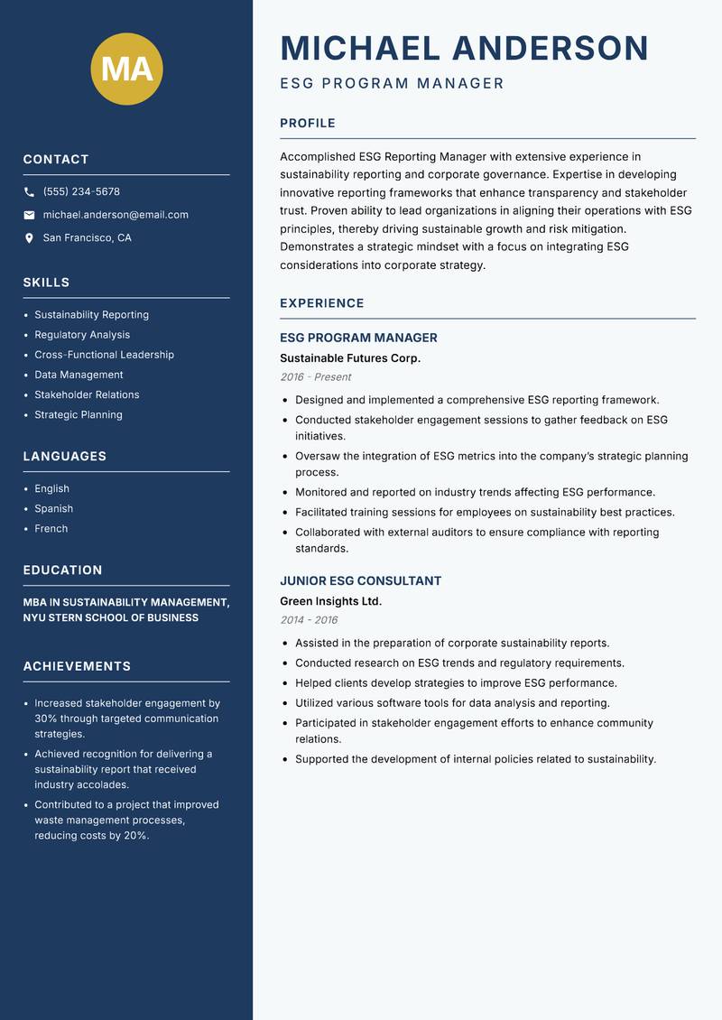 ESG Reporting Manager resume sample — ESG Program Manager focus