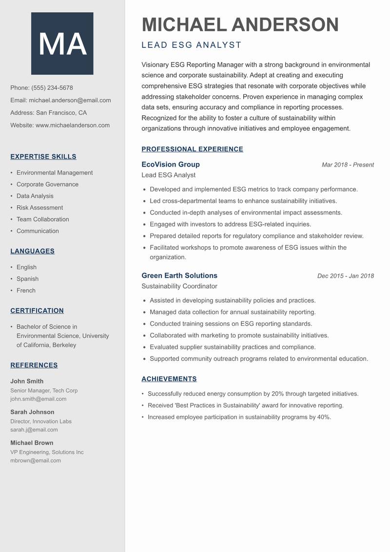 ESG Reporting Manager resume sample — Lead ESG Analyst focus