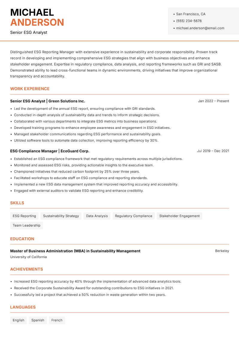 ESG Reporting Manager resume sample — Senior ESG Analyst focus