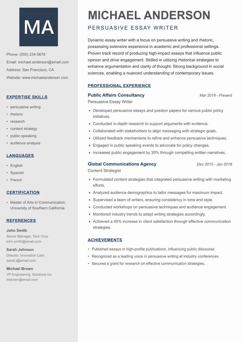Essay Writer resume sample — Persuasive Essay Writer focus