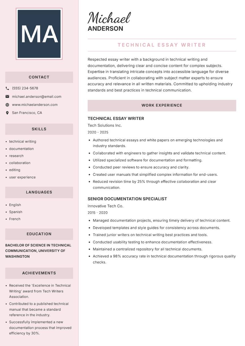 Essay Writer resume sample — Technical Essay Writer focus