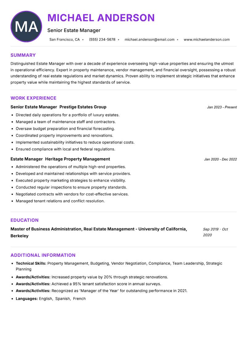 Estate Manager resume example