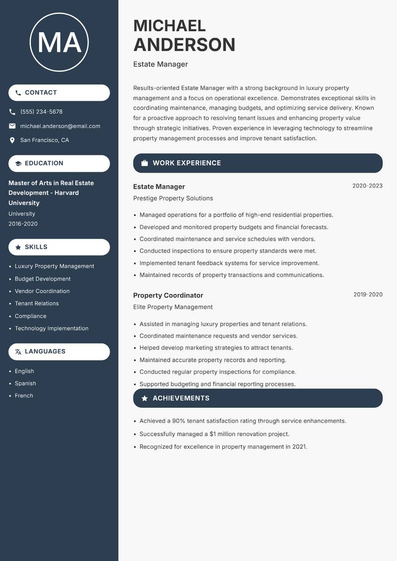 Estate Manager resume sample — Estate Manager focus