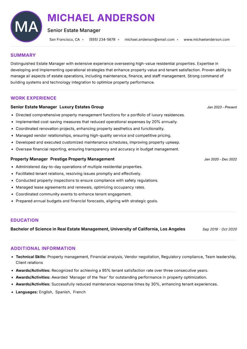 Estate Manager Residential resume example