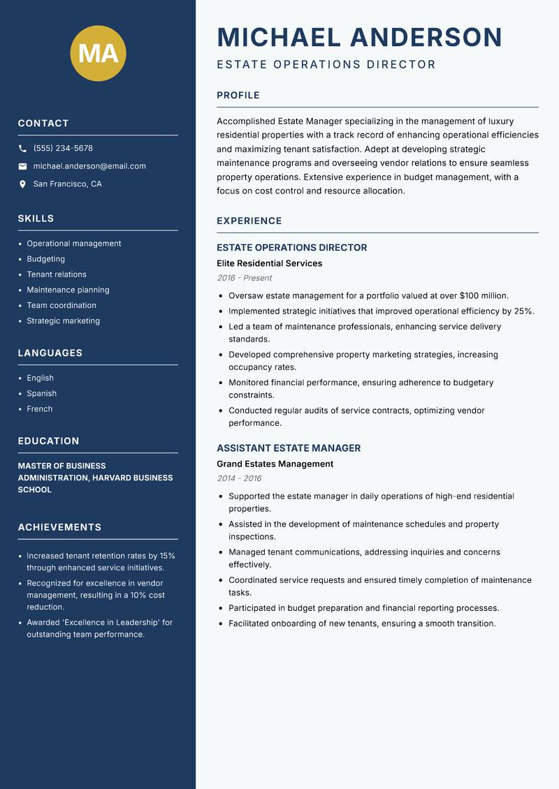 Estate Manager Residential resume sample — Estate Operations Director focus