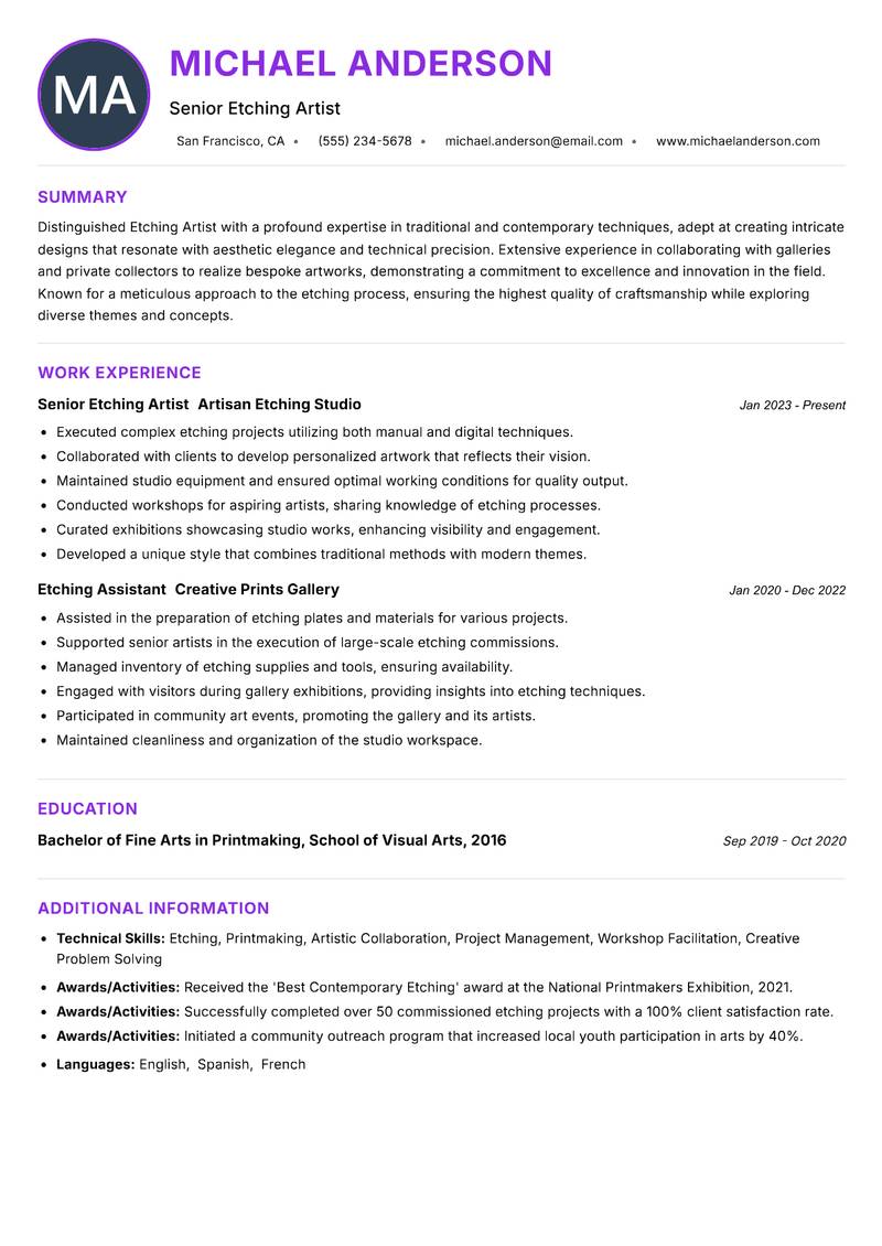 Etching Artist resume example