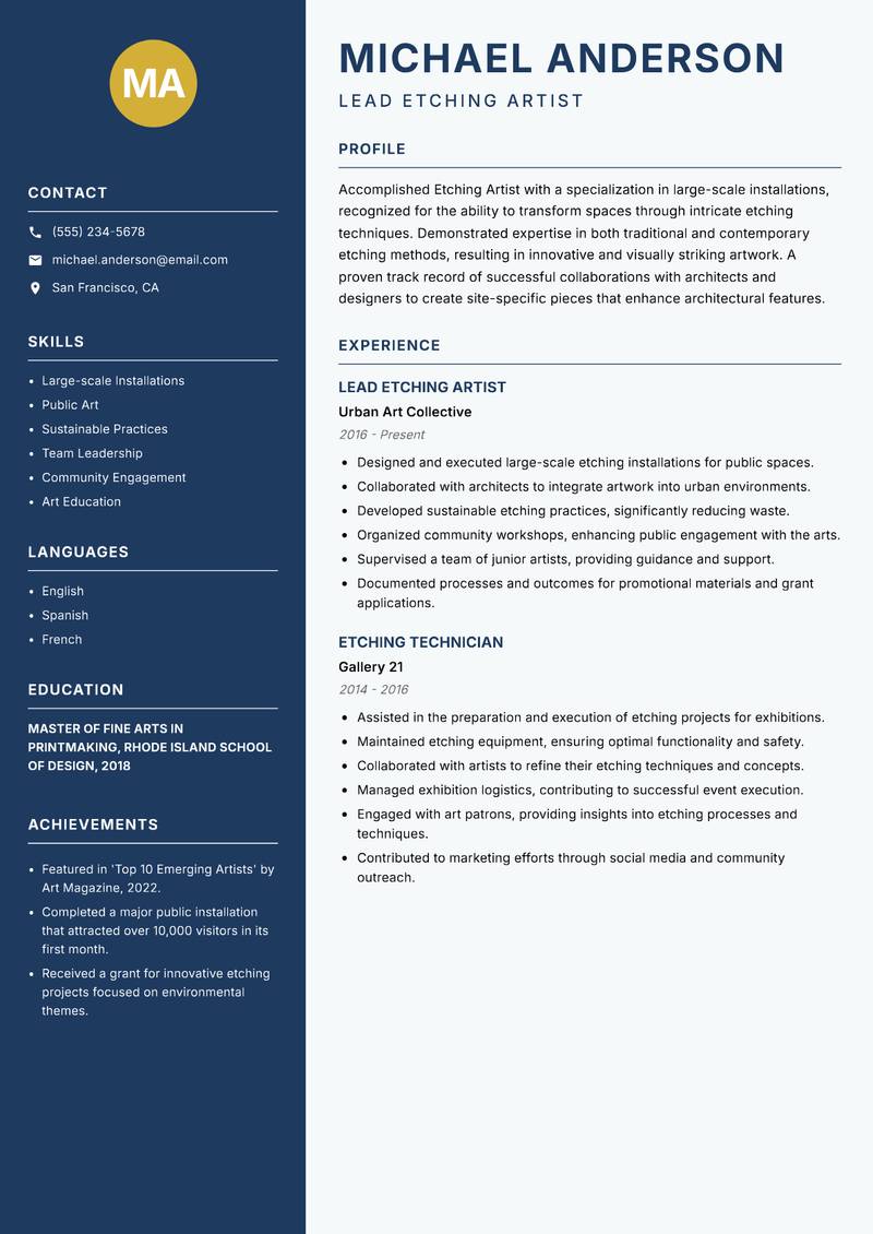 Etching Artist resume sample — Lead Etching Artist focus
