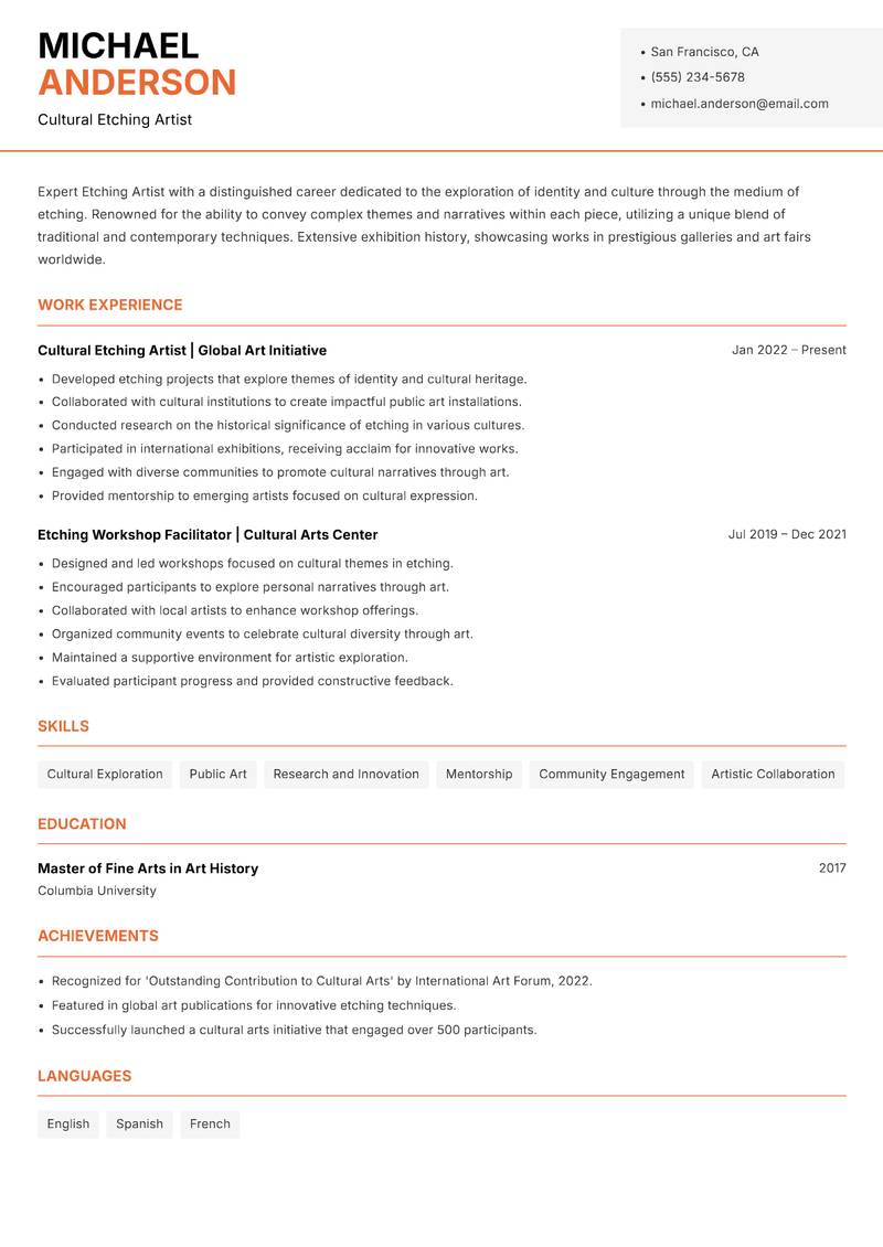Etching Artist resume sample — Cultural Etching Artist focus