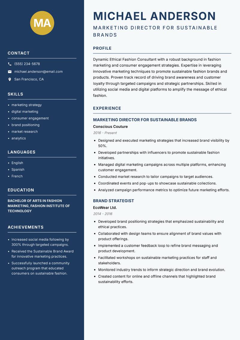 Ethical Fashion Consultant resume sample — Marketing Director for Sustainable Brands focus