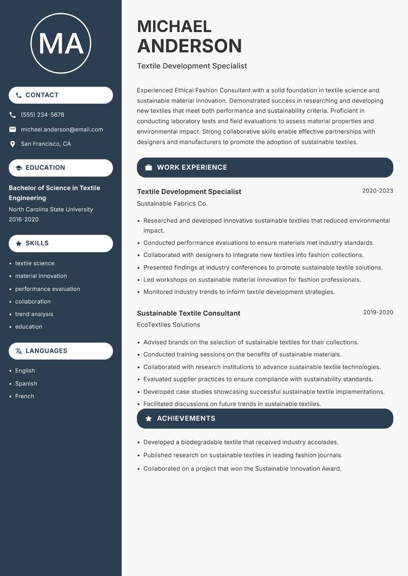 Ethical Fashion Consultant resume sample — Textile Development Specialist focus