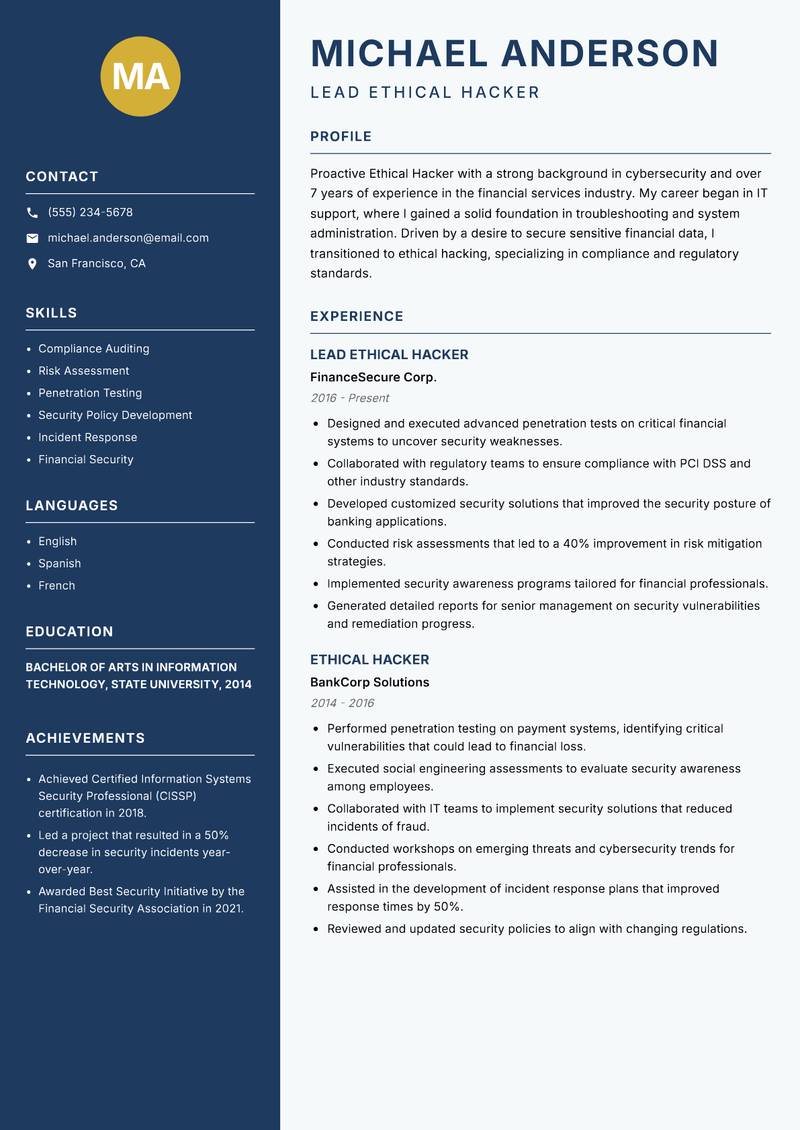 Ethical Hacker resume sample — Lead Ethical Hacker focus