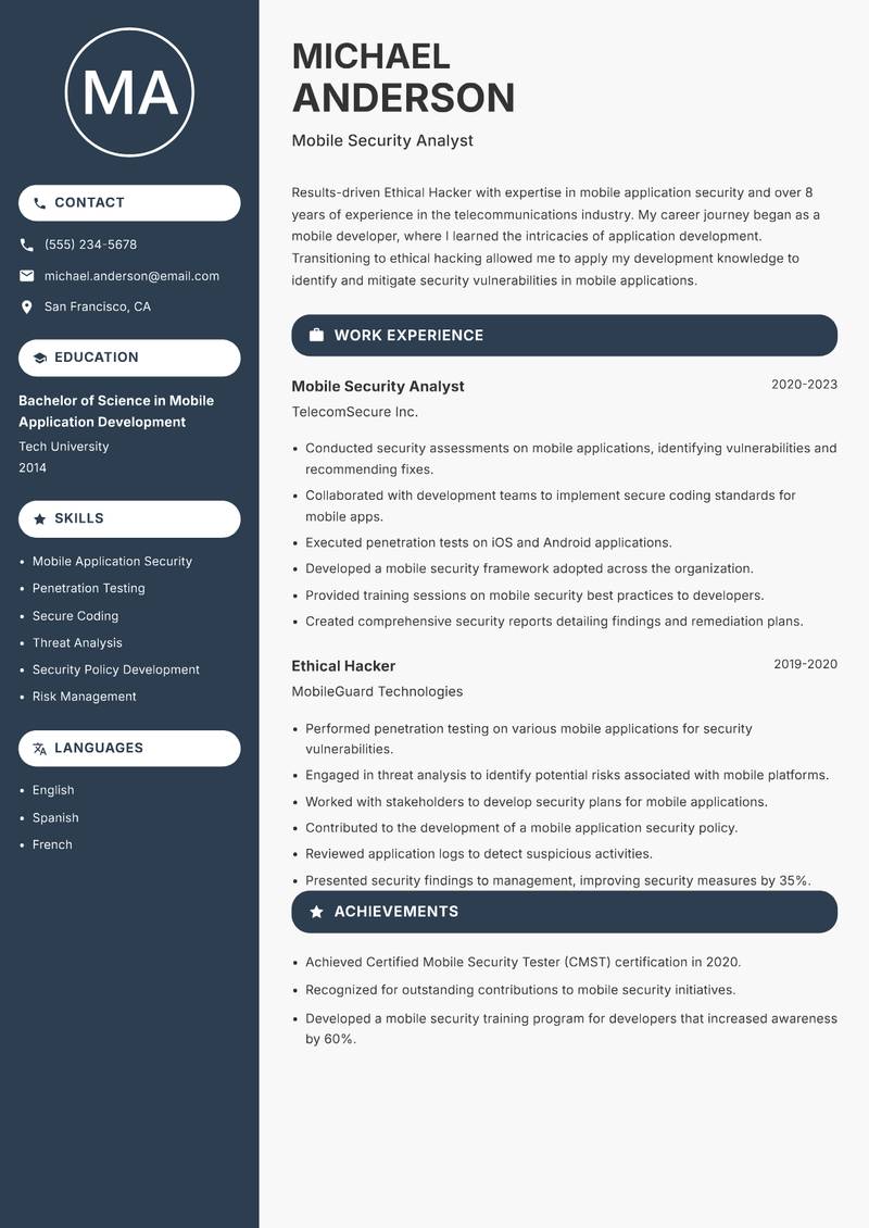 Ethical Hacker resume sample — Mobile Security Analyst focus