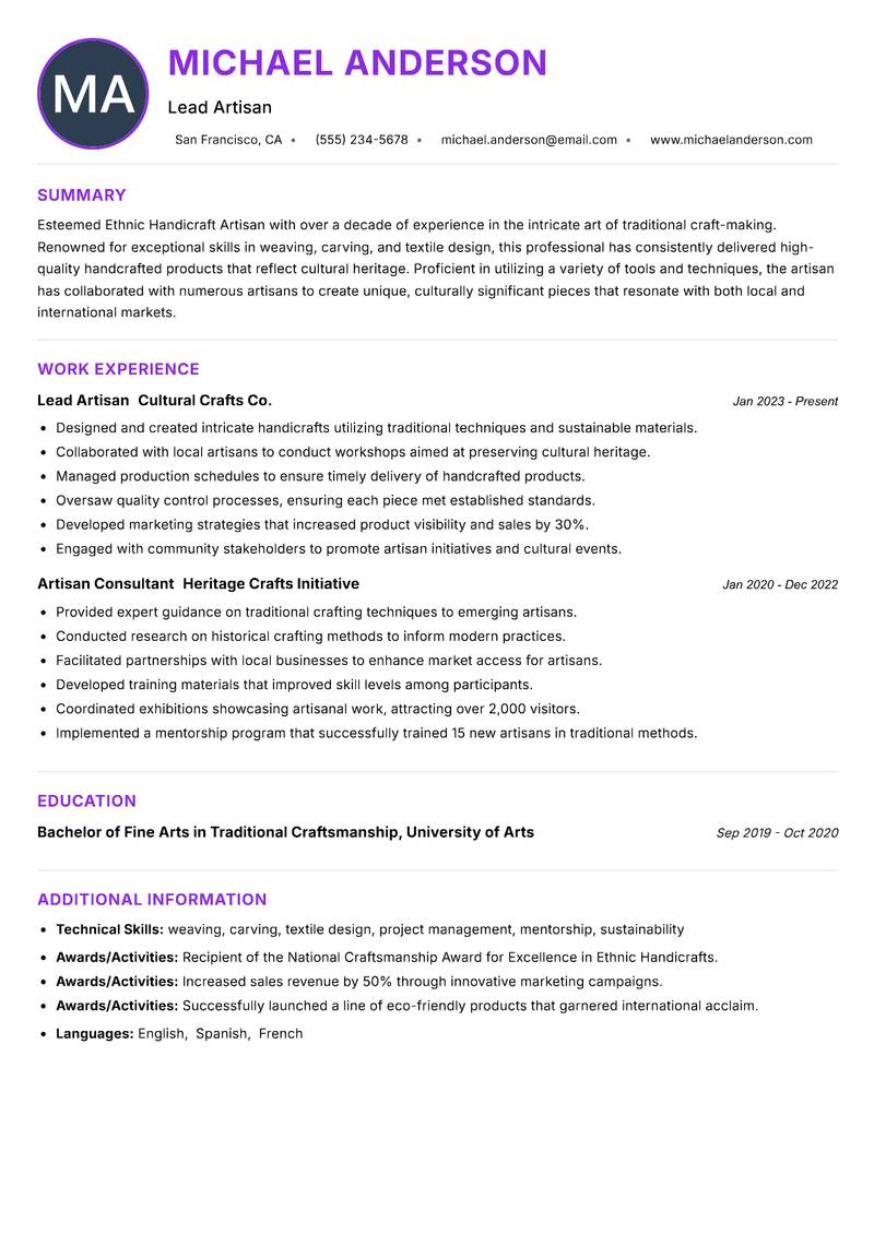 Ethnic Handicraft Artisan resume example