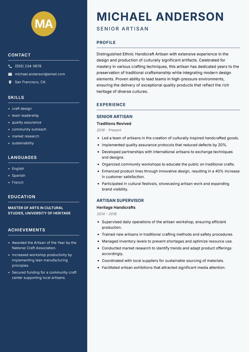 Ethnic Handicraft Artisan resume sample — Senior Artisan focus