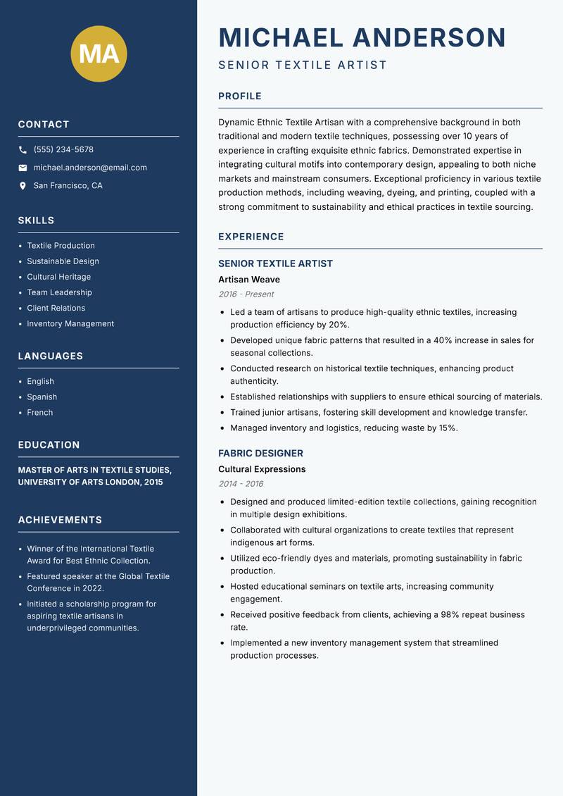 Ethnic Textile Artisan resume sample — Senior Textile Artist focus