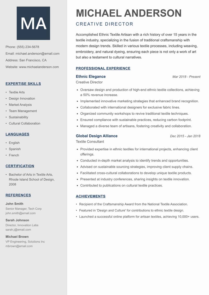 Ethnic Textile Artisan resume sample — Creative Director focus