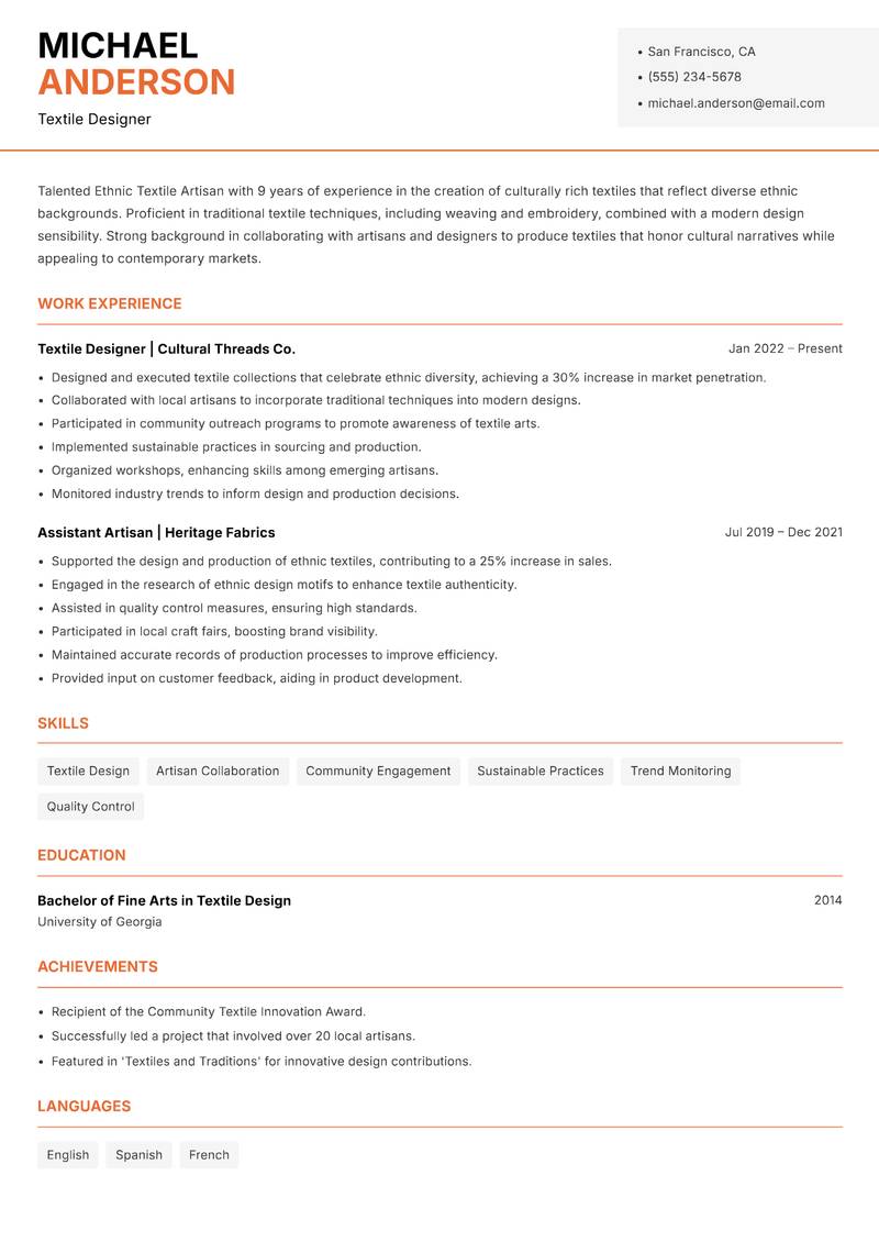 Ethnic Textile Artisan resume sample — Textile Designer focus