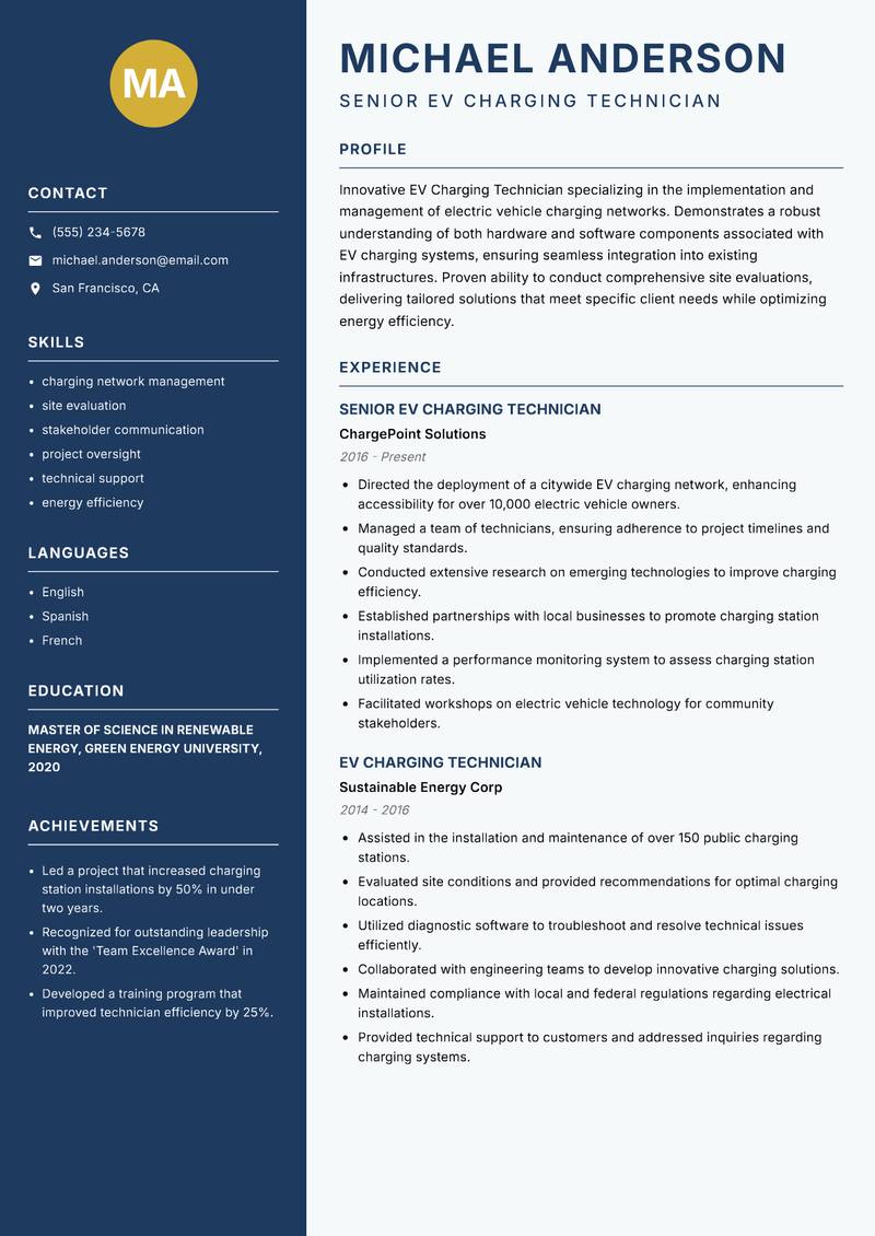 EV Charging Technician resume sample — Senior EV Charging Technician focus
