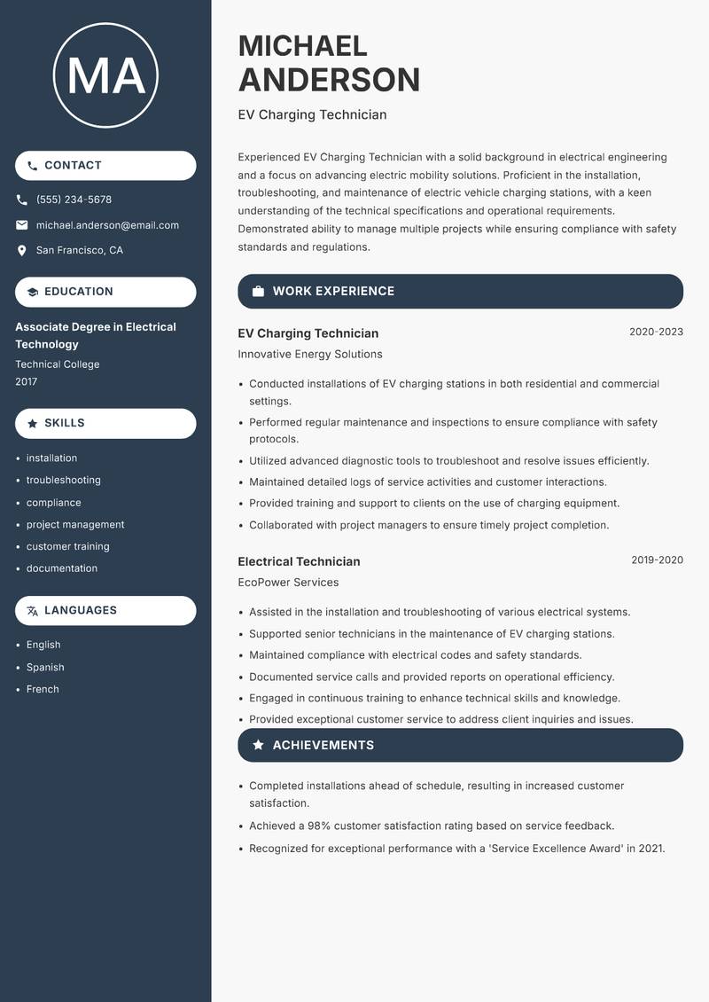 EV Charging Technician resume sample — EV Charging Technician focus