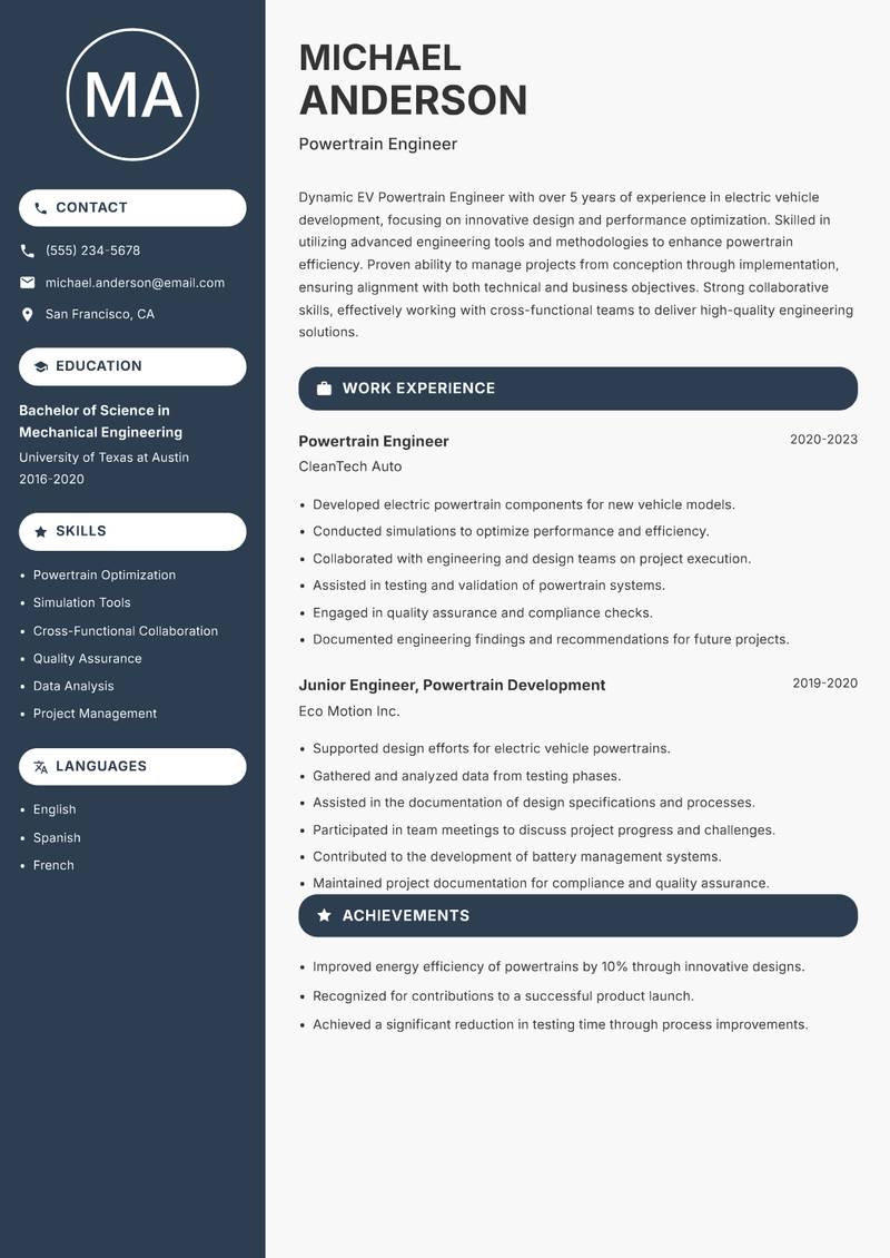 EV Powertrain Engineer resume sample — Powertrain Engineer focus