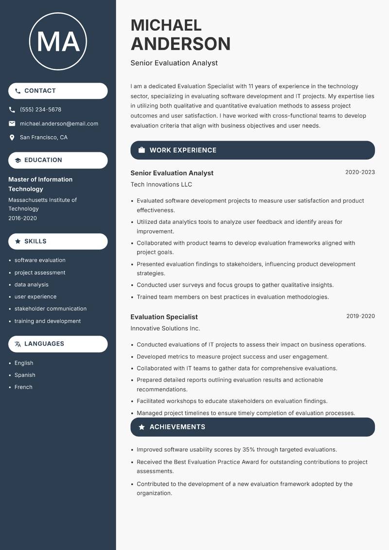 Evaluation Specialist resume sample — Senior Evaluation Analyst focus