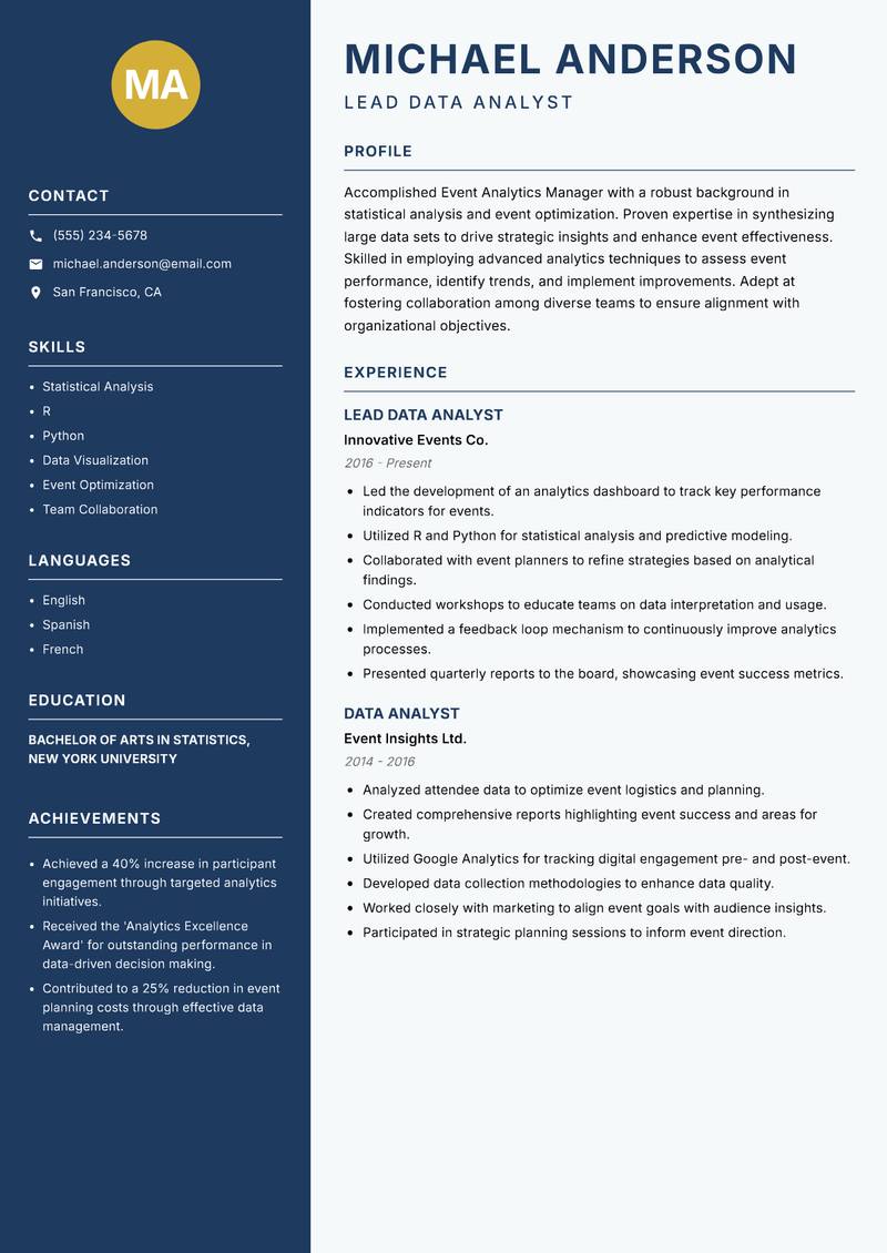 Event Analytics Manager resume sample — Lead Data Analyst focus