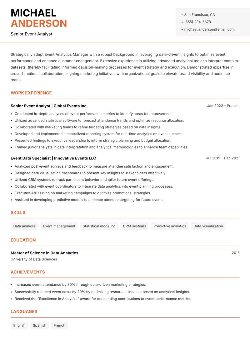 Event Analytics Manager resume sample — Senior Event Analyst focus