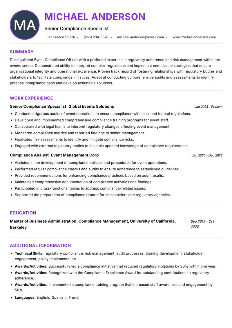 Event Compliance Officer resume example