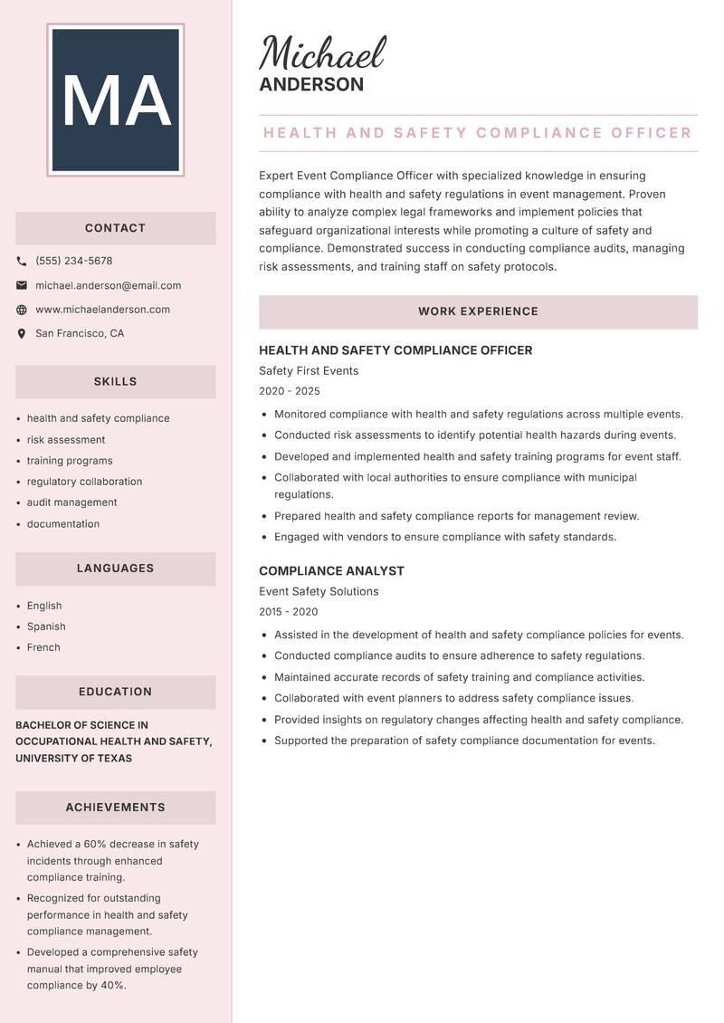 Event Compliance Officer resume sample — Health and Safety Compliance Officer focus