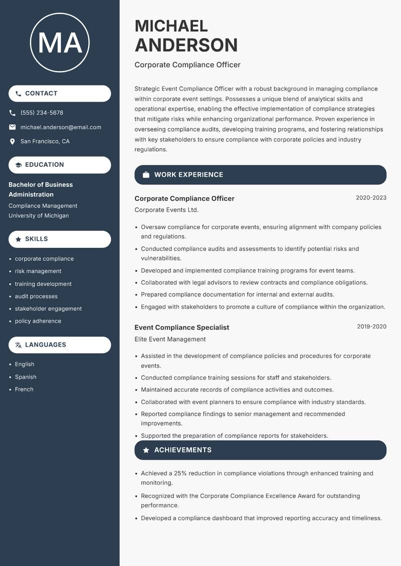 Event Compliance Officer resume sample — Corporate Compliance Officer focus