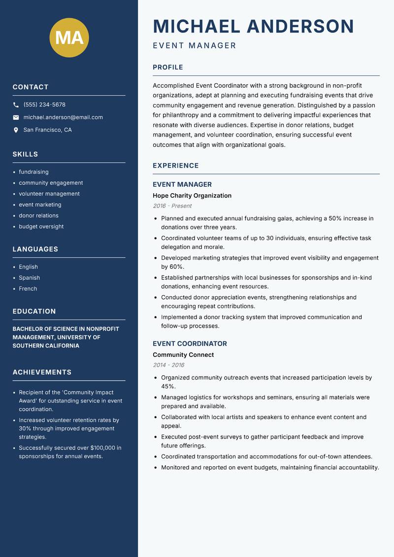 Event Coordinator resume sample — Event Manager focus