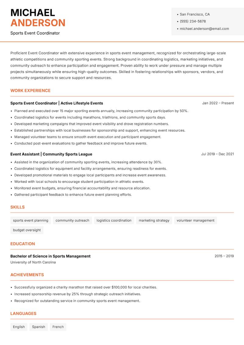 Event Coordinator resume sample — Sports Event Coordinator focus