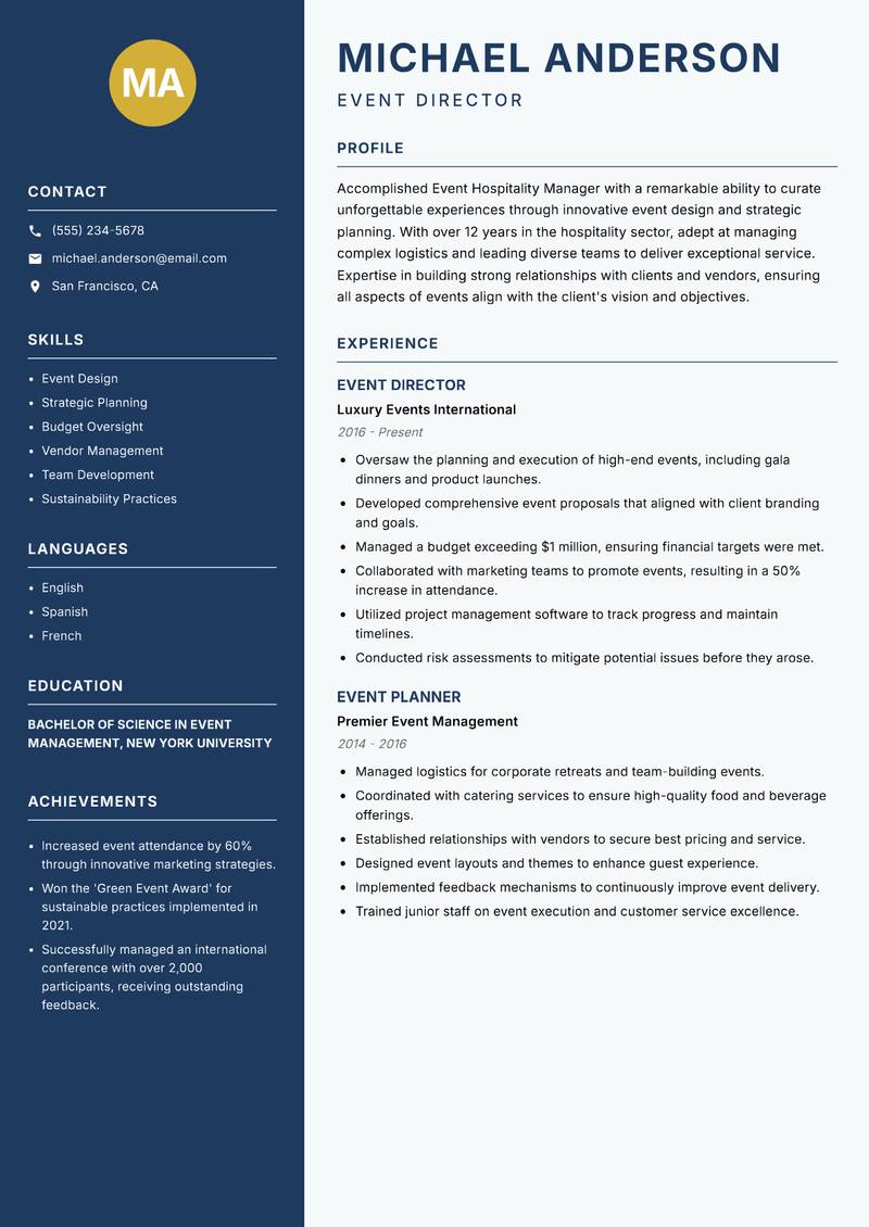 Event Hospitality Manager resume sample — Event Director focus