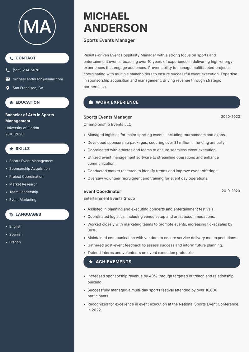 Event Hospitality Manager resume sample — Sports Events Manager focus