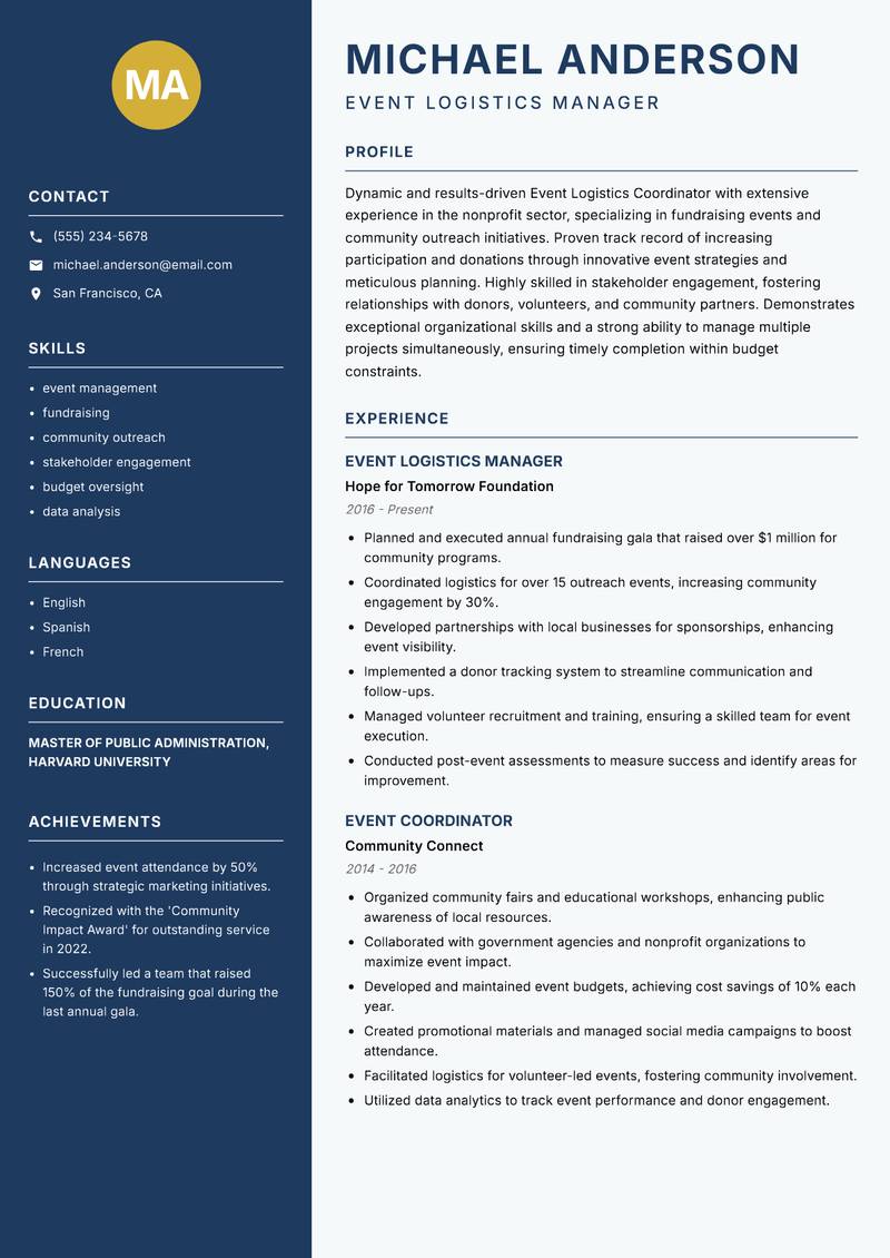 Event Logistics Coordinator resume sample — Event Logistics Manager focus
