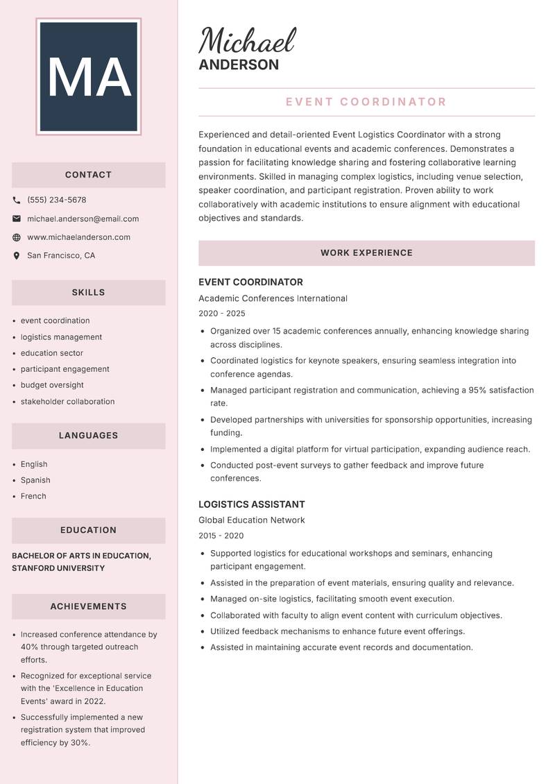 Event Logistics Coordinator resume sample — Event Coordinator focus