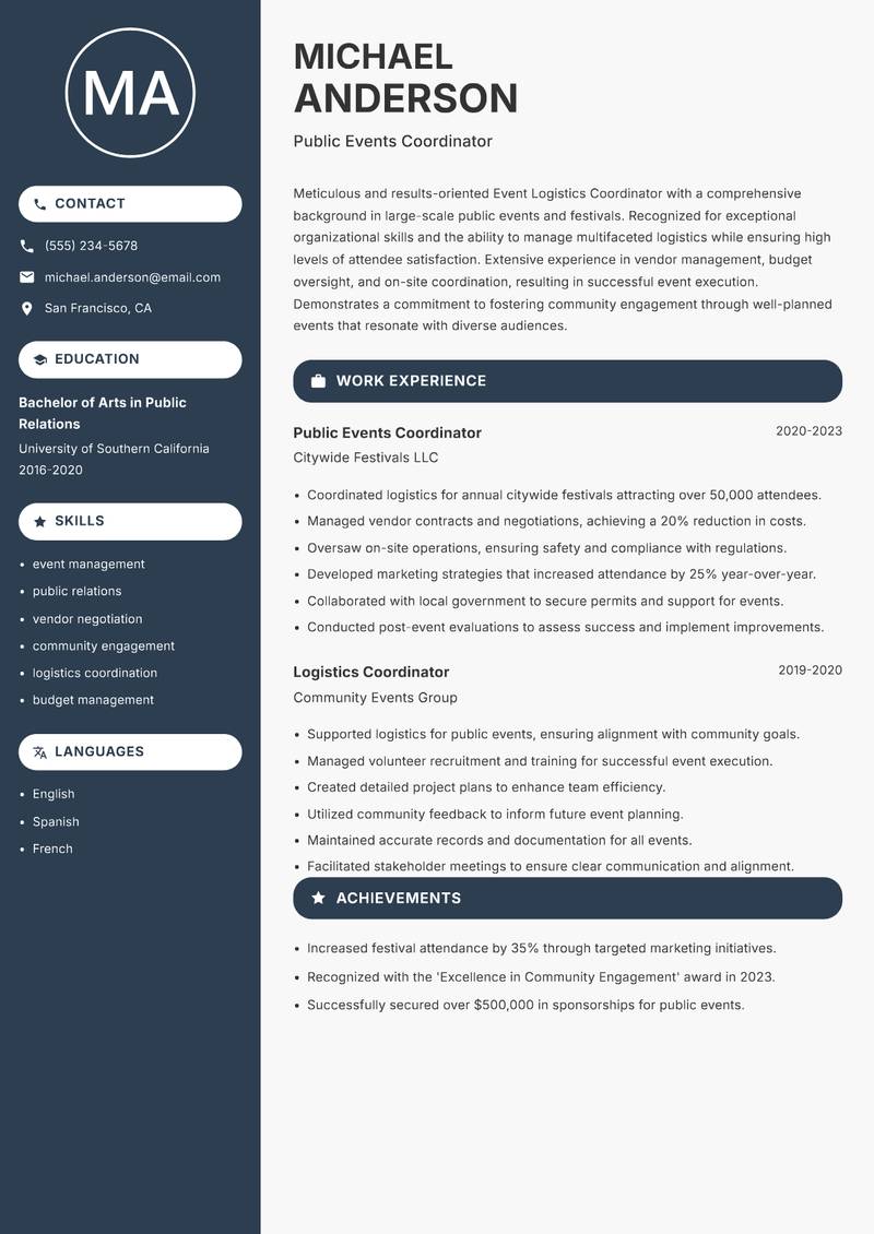 Event Logistics Coordinator resume sample — Public Events Coordinator focus