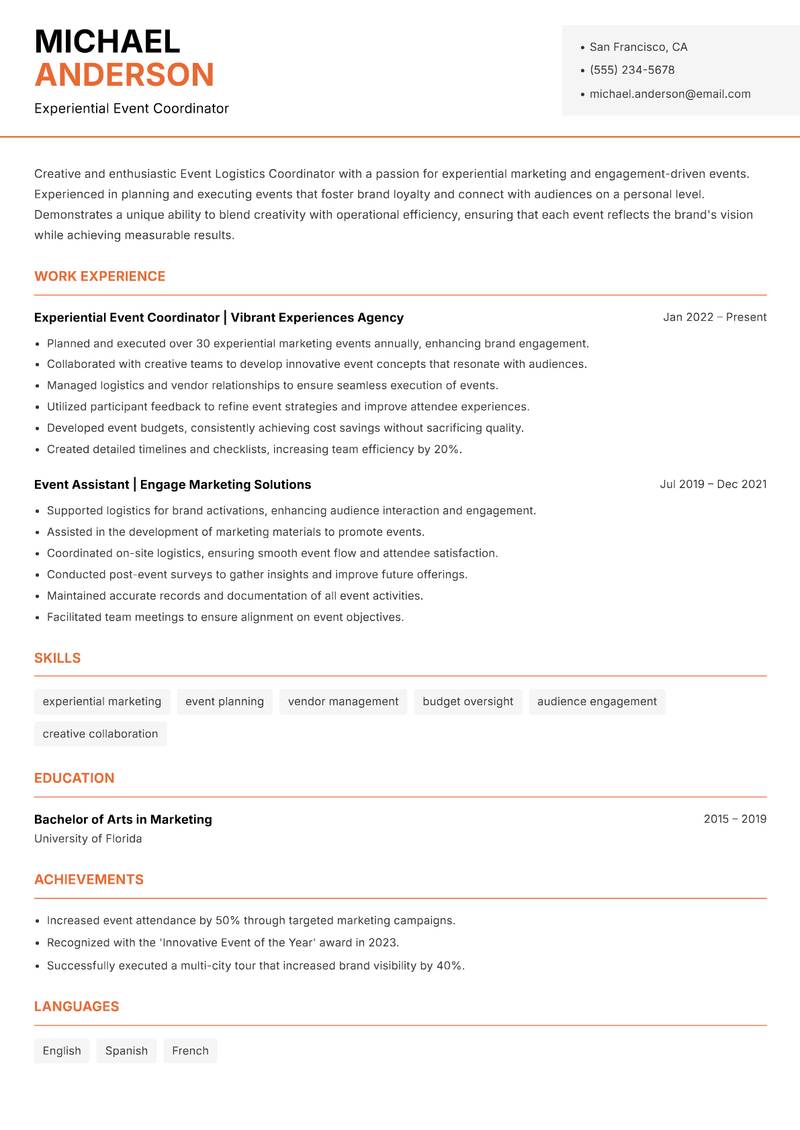 Event Logistics Coordinator resume sample — Experiential Event Coordinator focus