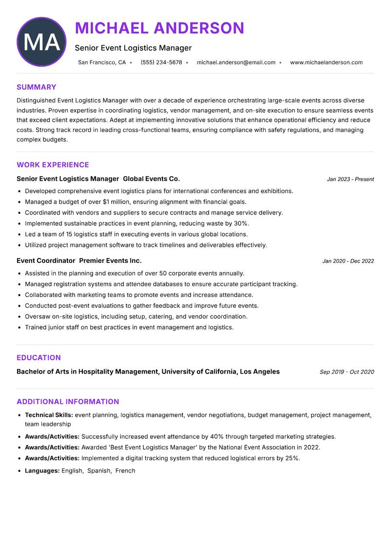 Event Logistics Manager resume example