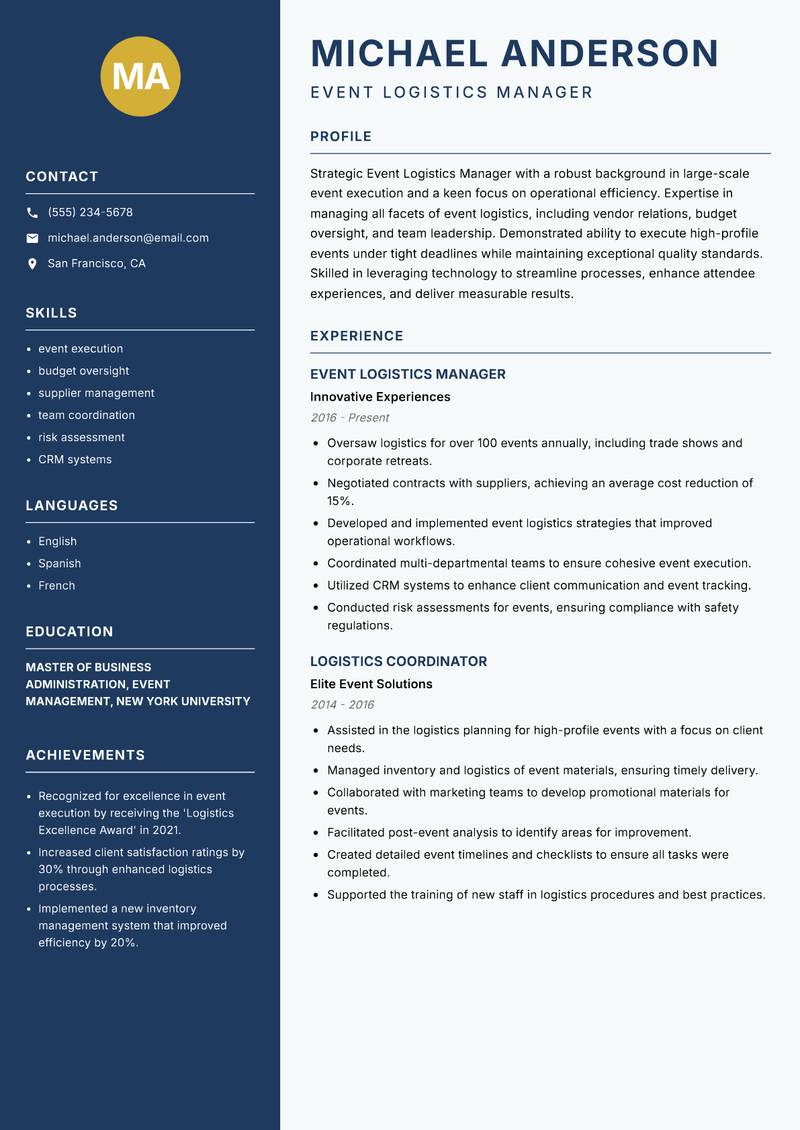 Event Logistics Manager resume sample — Event Logistics Manager focus