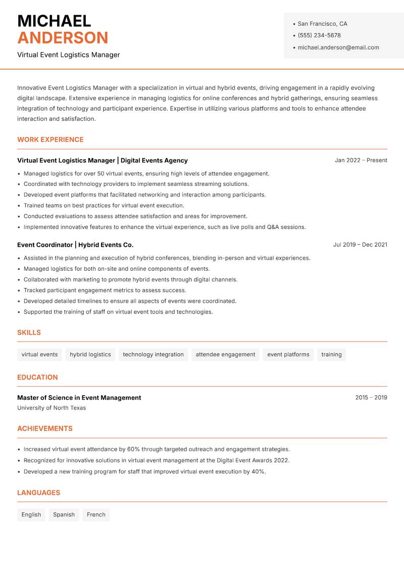 Event Logistics Manager resume sample — Virtual Event Logistics Manager focus