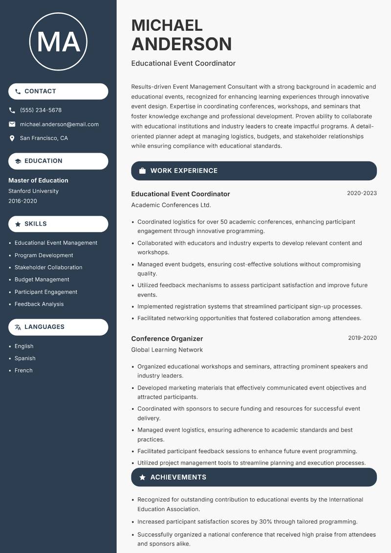 Event Management Consultant resume sample — Educational Event Coordinator focus