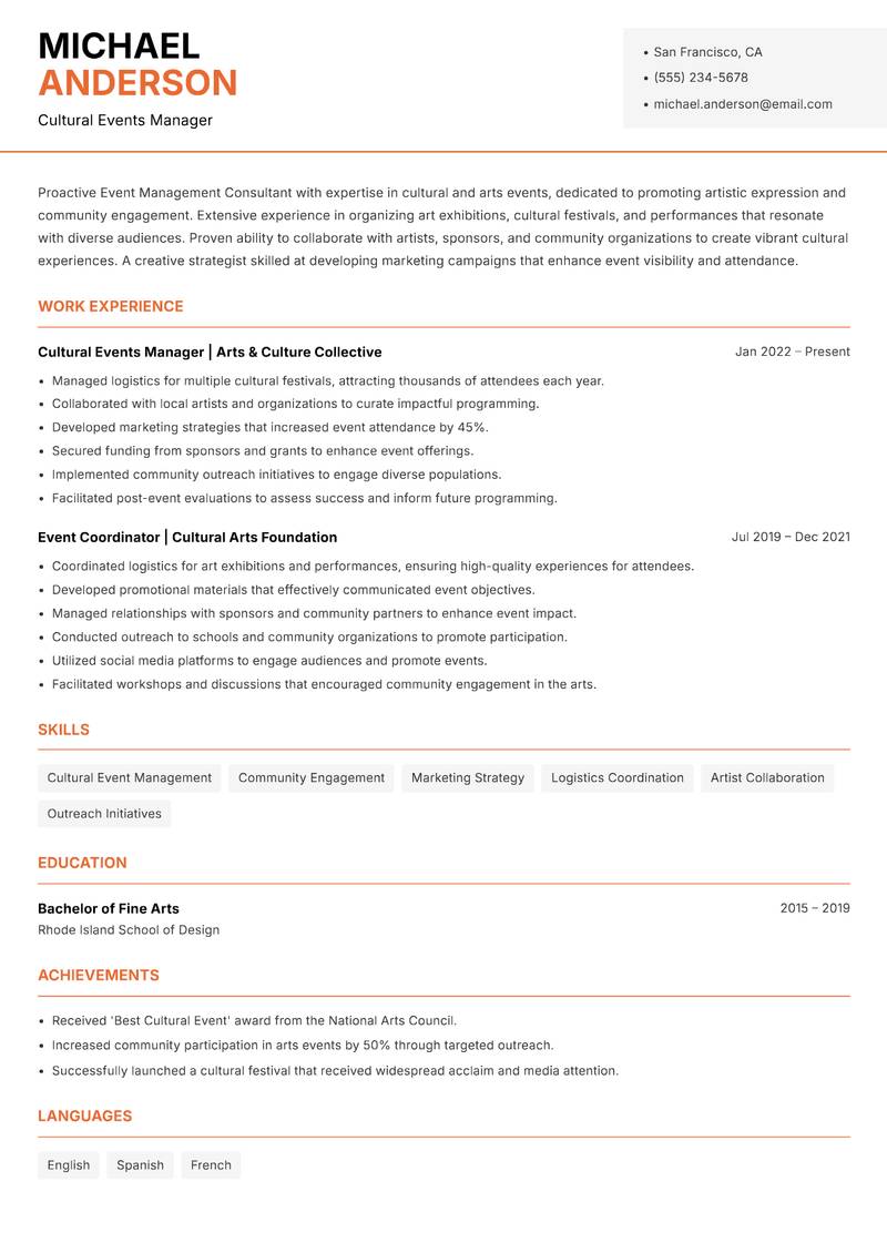 Event Management Consultant resume sample — Cultural Events Manager focus