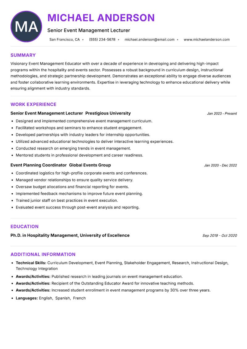 Event Management Educator resume example