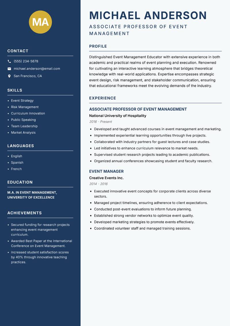 Event Management Educator resume sample — Associate Professor of Event Management focus
