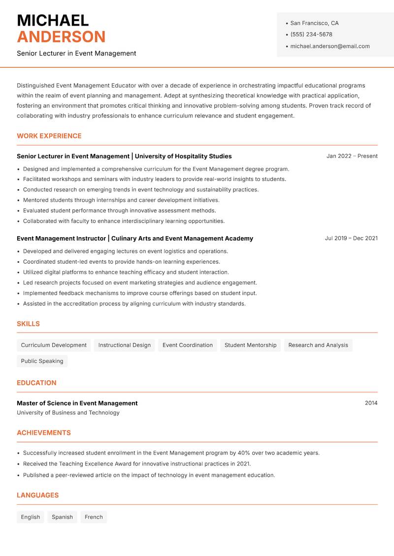 Event Management Educator resume sample — Senior Lecturer in Event Management focus