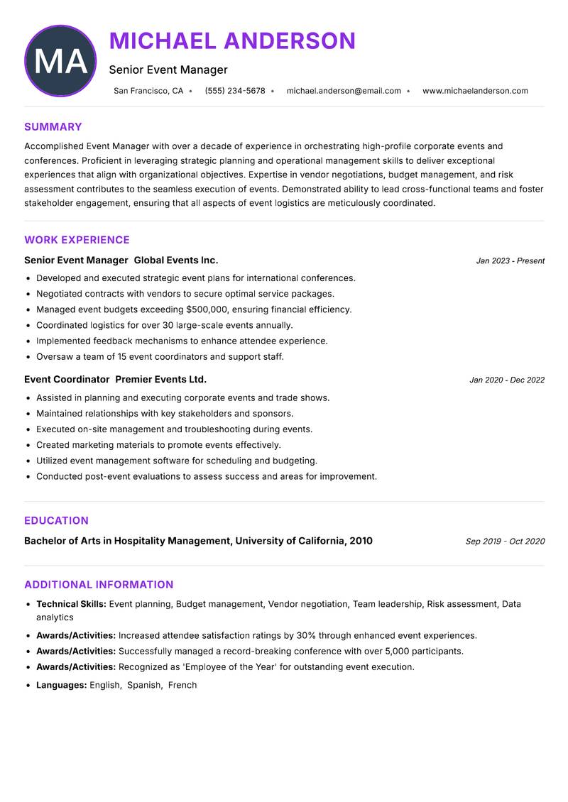 Event Manager resume example