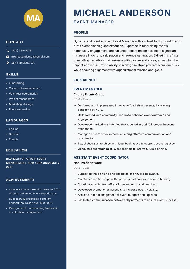 Event Manager resume sample — Event Manager focus